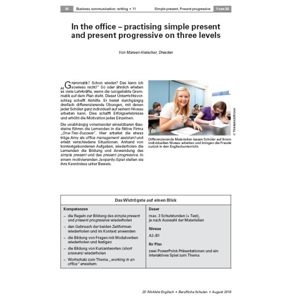 Practising simple present and present progressive on three levels - In the office