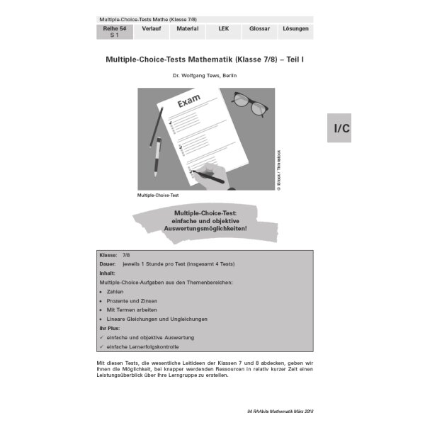 Multiple-Choice-Tests Mathematik Kl.7/8 Teil I