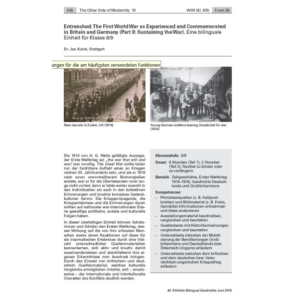 Entrenched: WWI as Experienced and Commemorated in Britain and Germany
