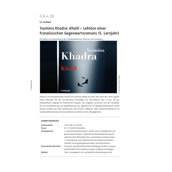 Y. Khadra: Khalil - Lektüre eines französischen Gegenwartsromans