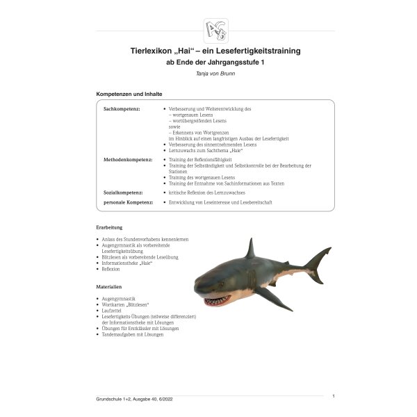 Tierlexikon Hai -  Lesefertigkeitstraining ab Ende Klasse 1