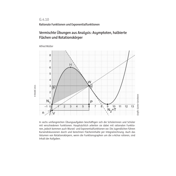 Asymptoten, halbierte Flächen und Rotationskörper - Übungen aus Analysis
